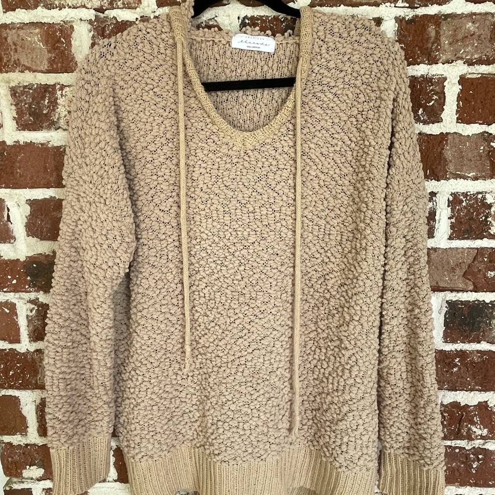 American Threads Textured V-Neck Hooded Sweater in Tan